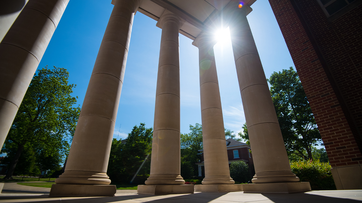 Ground perspective of the pavilion next to Holman Hall. 