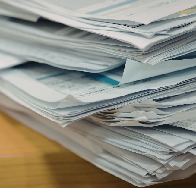 A photo with a stack of papers that resemble forms, zoomed in.