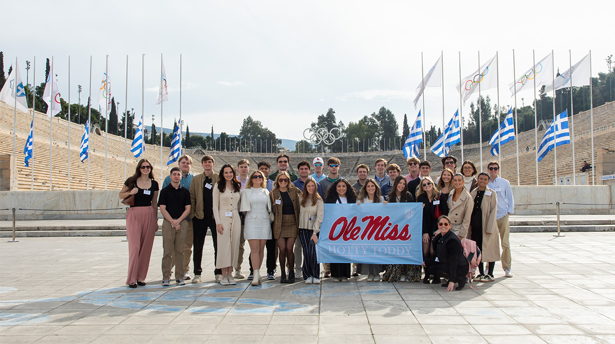 A group photo of students and staff in Athens, Greece.