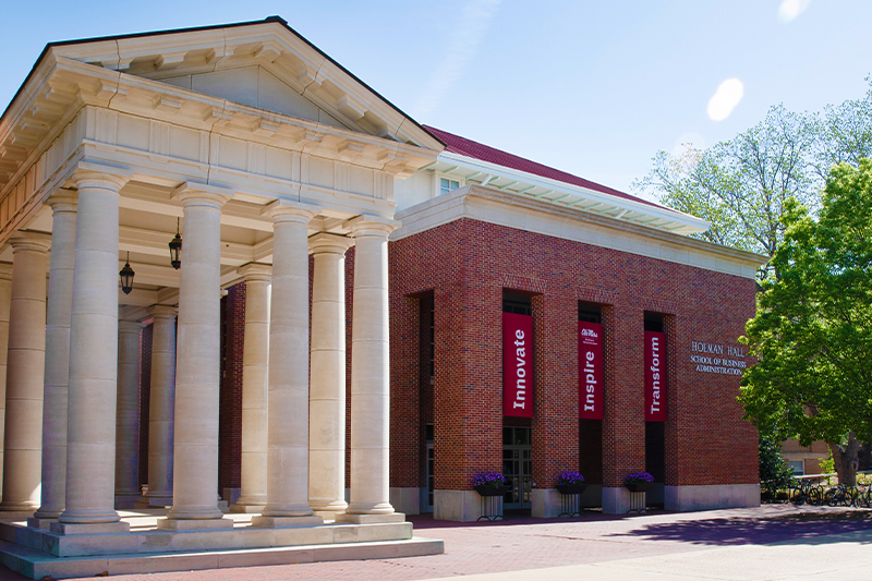 Front of Holman Hall and the pavilion during spring of 2024.