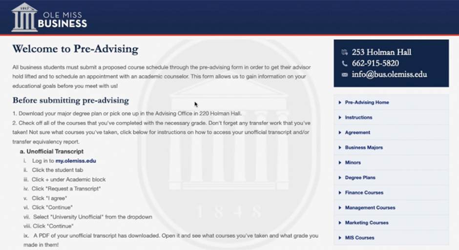 Screenshot of the Pre-Advising Form process.