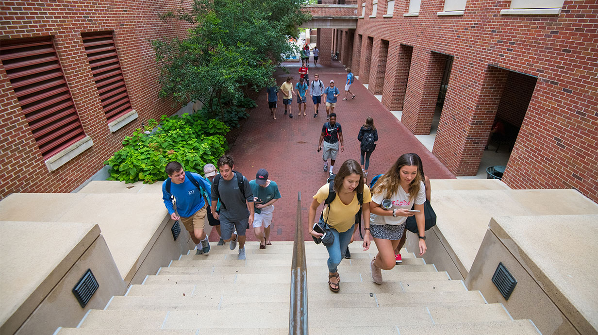 Photo of students climbing stairs at the pavilion.