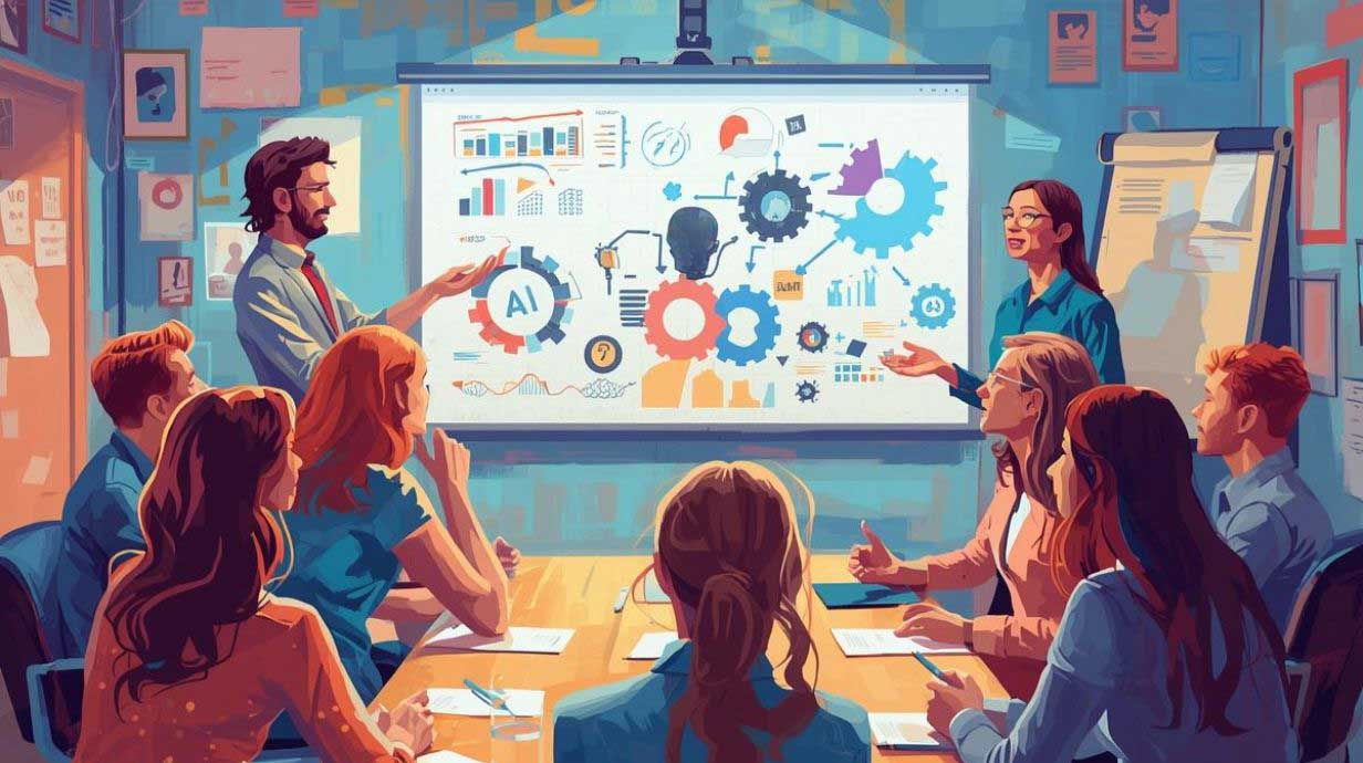 Image was created using Canva's Generative AI using the following prompt: A conference room of people, both male and female, discussing how to integrate AI in a classroom.