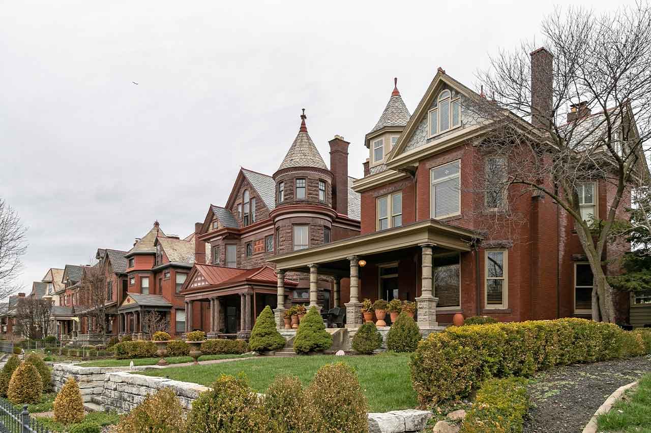 A row of homes in Ohio. Photograph taken in Franklin County, Ohio. 