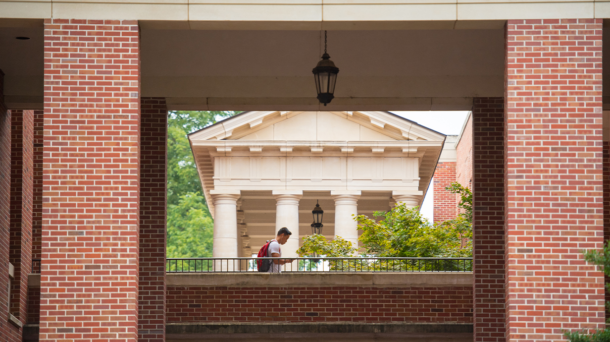 Walkway between Holman and Conner with a student walking across and the pavilion in the background.