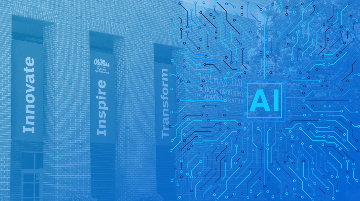 Image of Holman Hall with a blue duotone and with an image of an AI chip design overlaying it in blue.