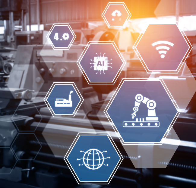 Different images in hexagons representing a variety of industries such as cloud storage, wifi, artificial intelligence, manufacturing, web, and manufacturing icons.