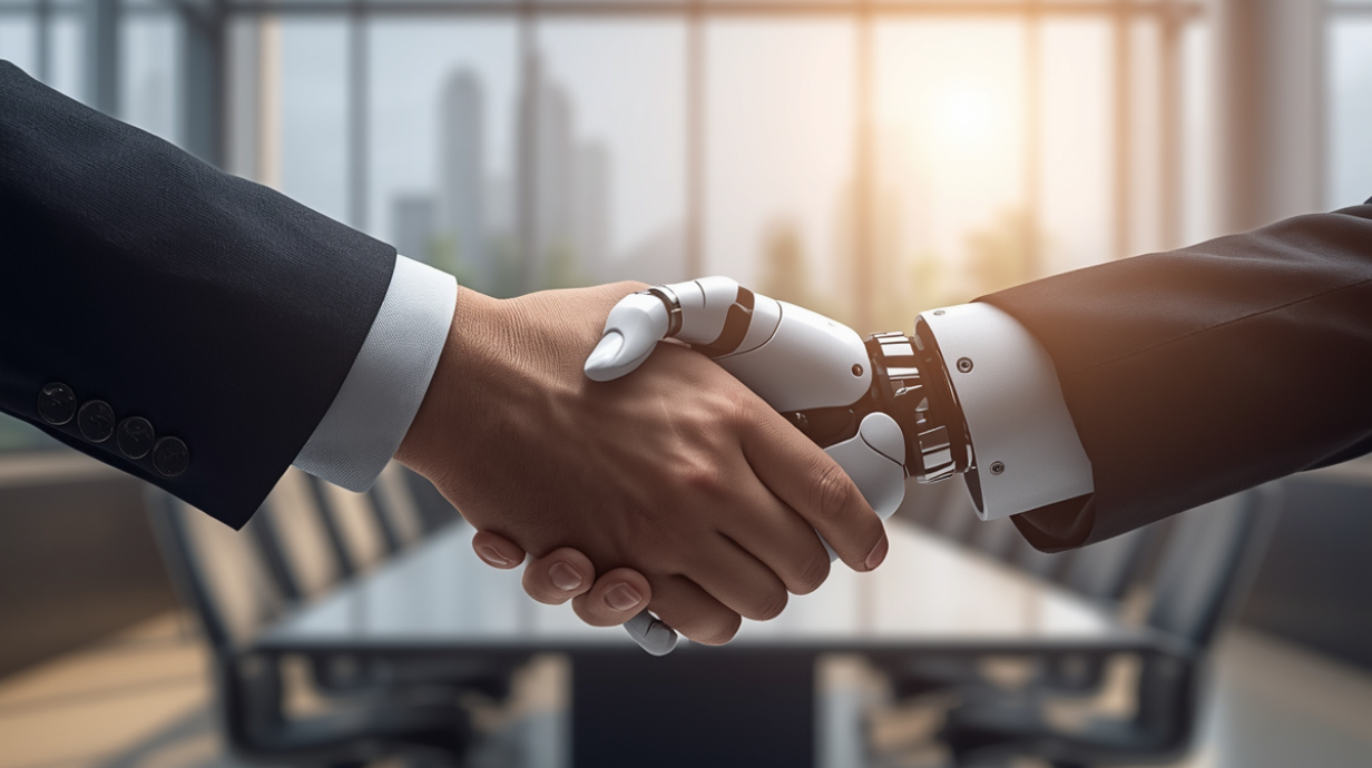 An AI generated image from Canva depicting a human hand in business attire shaking hands with an android hand that would signify AI in the business world.