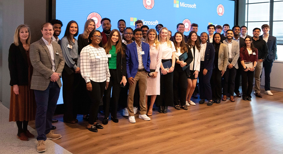 Group photo of students and staff from the Ole Miss Business School at Microsoft in Atlanta.